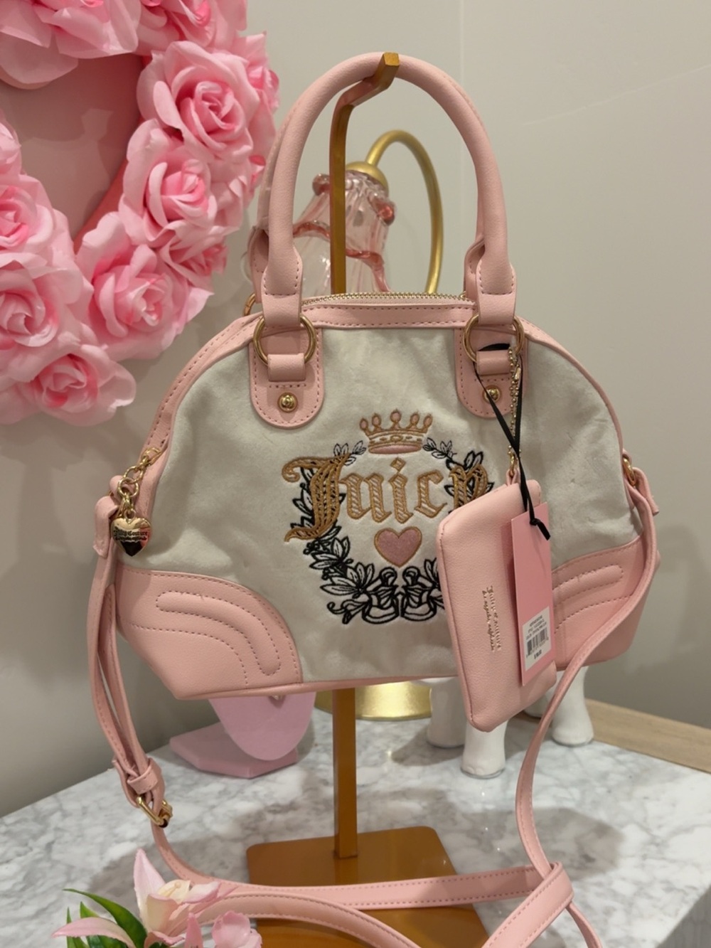 Juicy Couture Pink & Cream Dome Satchel with Gold Accents